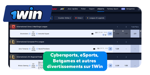 Cybersports, eSports, Betgames et autres divertissements sur 1Win